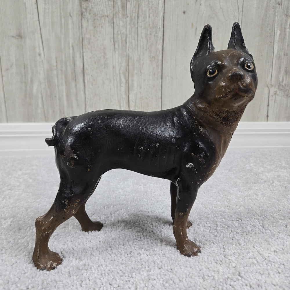 Antique Cast Iron Hubley Black Brown Boston Terrier Bulldog Dog Statue Door Stop